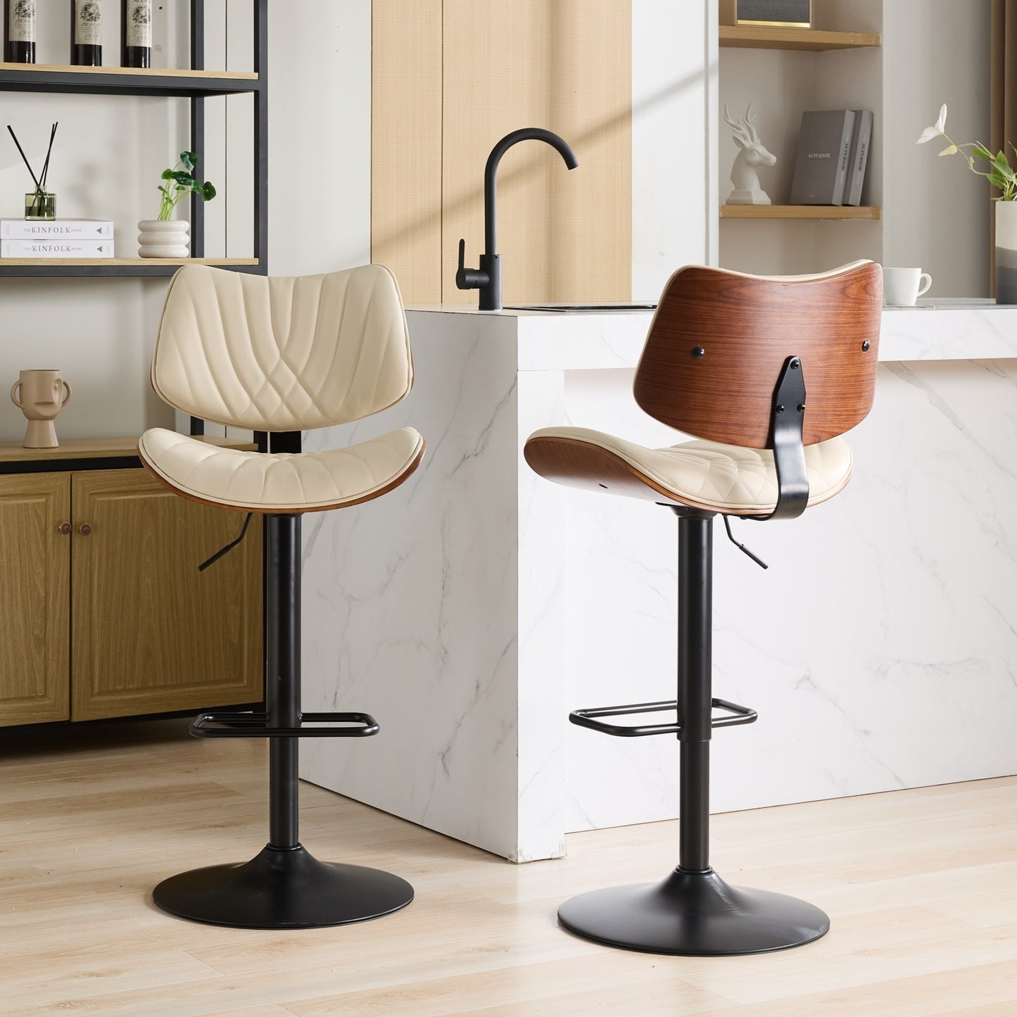 Walnut Bentwood Bar Stools Mid Century Modern Adjustable Counter Height Black Leather Upholstered 360°Swivel Bar Chairs for Kitchen Island/Dining Room/Cafe, 1 chair/1carton,Beige