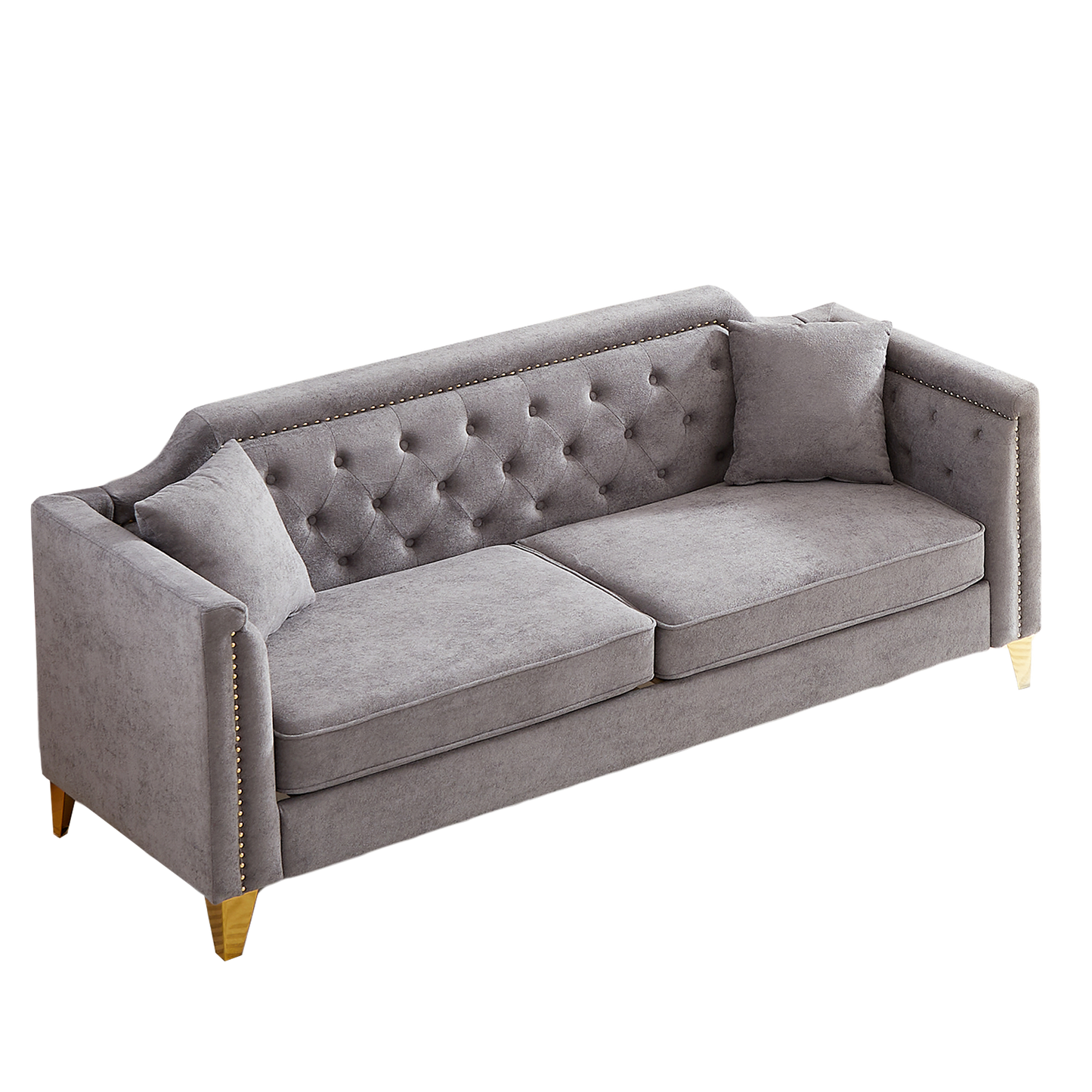 FX 81"Mid-century design modern sofa,Chenille Pull Buckle Design Sofa for Living Room,Buttons Tufted With Copper Nail Decoration Armrest, with 2 Pillows,Modern Couch Upholstered Button And Metal Leg