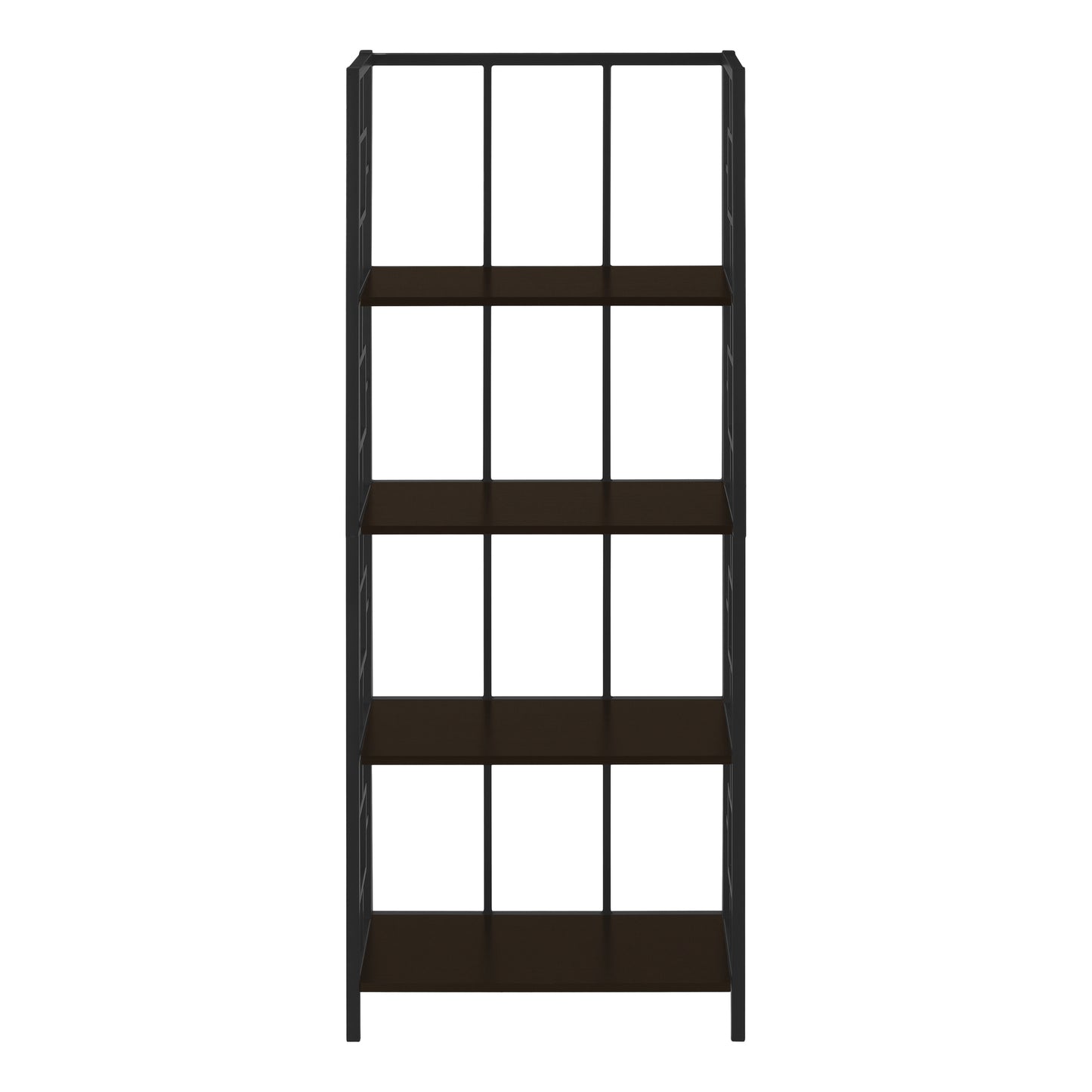 Bookshelf, Bookcase, Etagere, 4 Tier, 62"h, Office, Bedroom, Brown Laminate, Black Metal, Contemporary, Modern