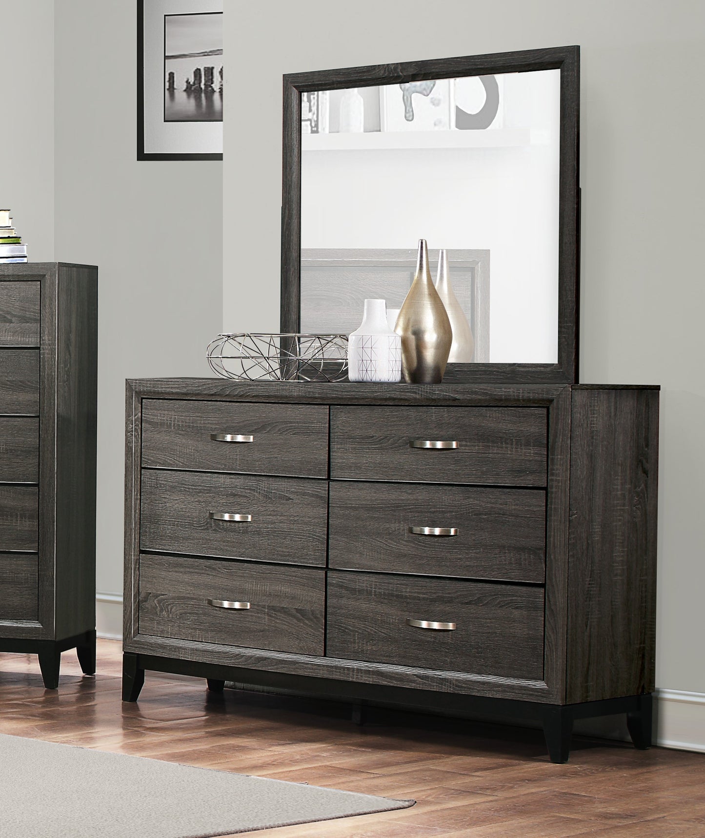Contemporary Design 1pc 6-Drawers Dresser Gray Finish Polished Hardware Wooden Bedroom Furniture