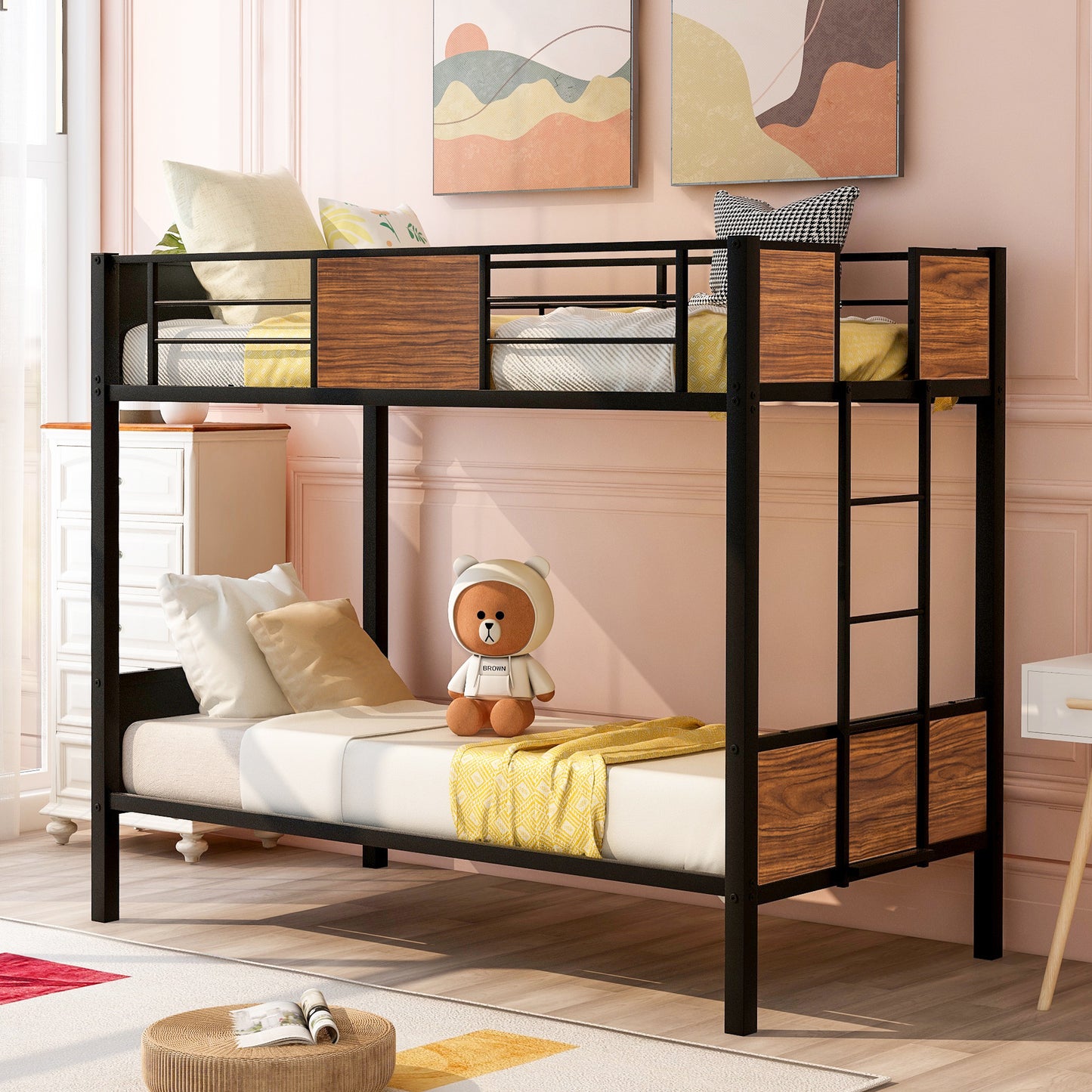 Twin-over-twin bunk bed modern style steel frame bunk bed with safety rail, built-in ladder for bedroom, dorm, boys, girls, adults (OLD SKU:MF190839AAD)