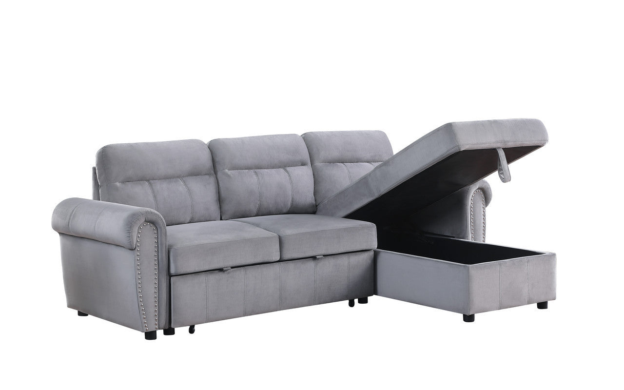 Ashton 96.5" Gray Velvet Fabric Reversible Sleeper Sectional Sofa Chaise