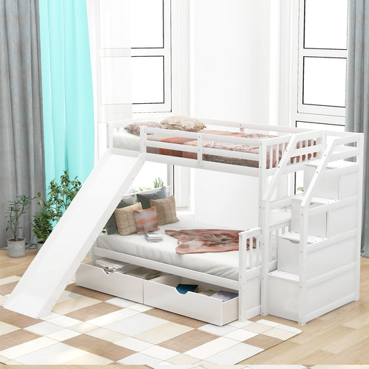 White Twin over Full Bunk Bed with Drawers, Storage, Slide and Ladder, Pine Wood and MDF, 42.4'' x 77.9'' Upper Bed, 57.6'' x 77.9'' Lower Bed