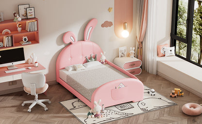 Twin size Upholstered Rabbit-Shape Princess Bed ,Twin Size Platform Bed with Headboard and Footboard,Pink