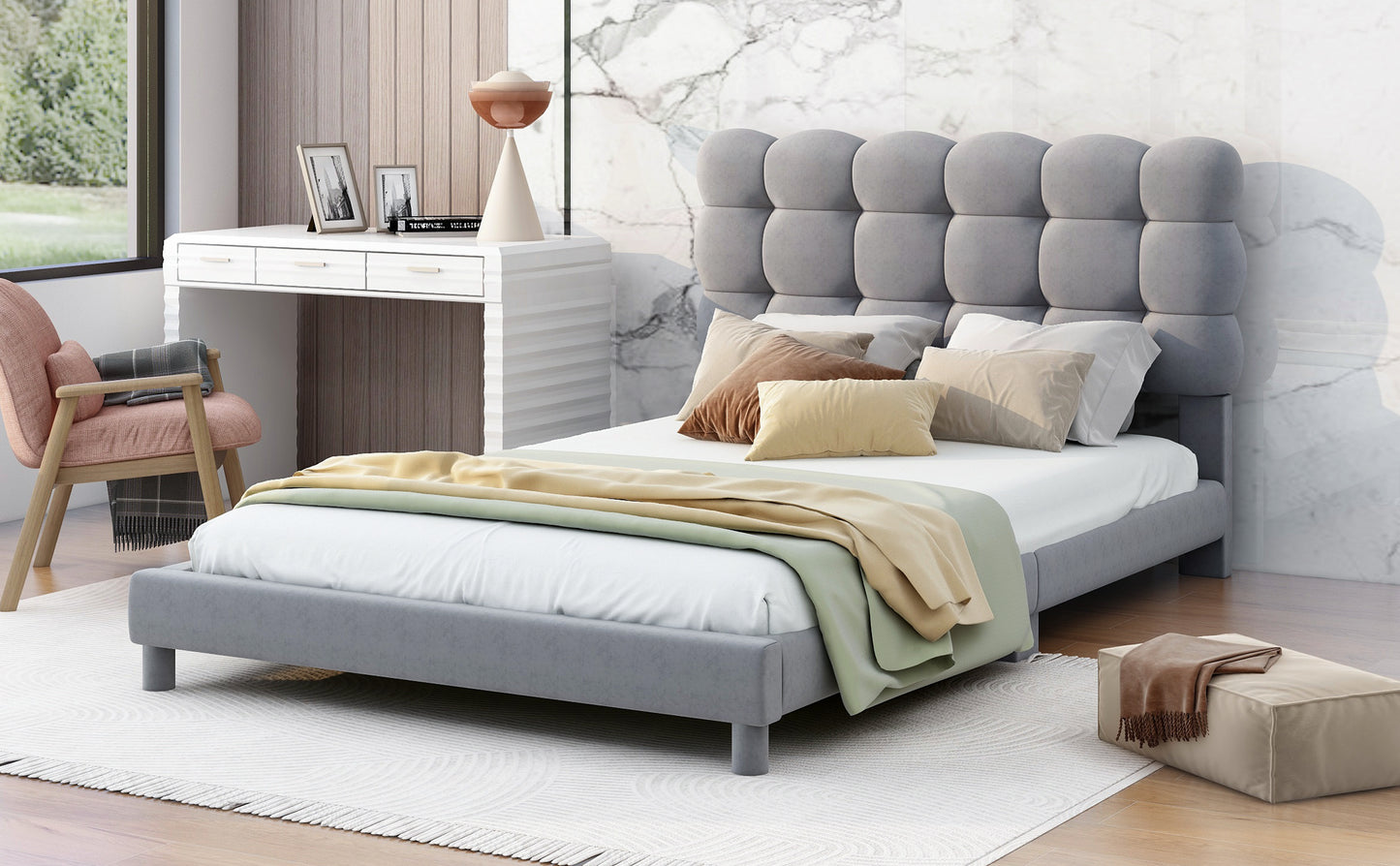 Twin Size Upholstered Platform Bed with Soft Headboard,Gray