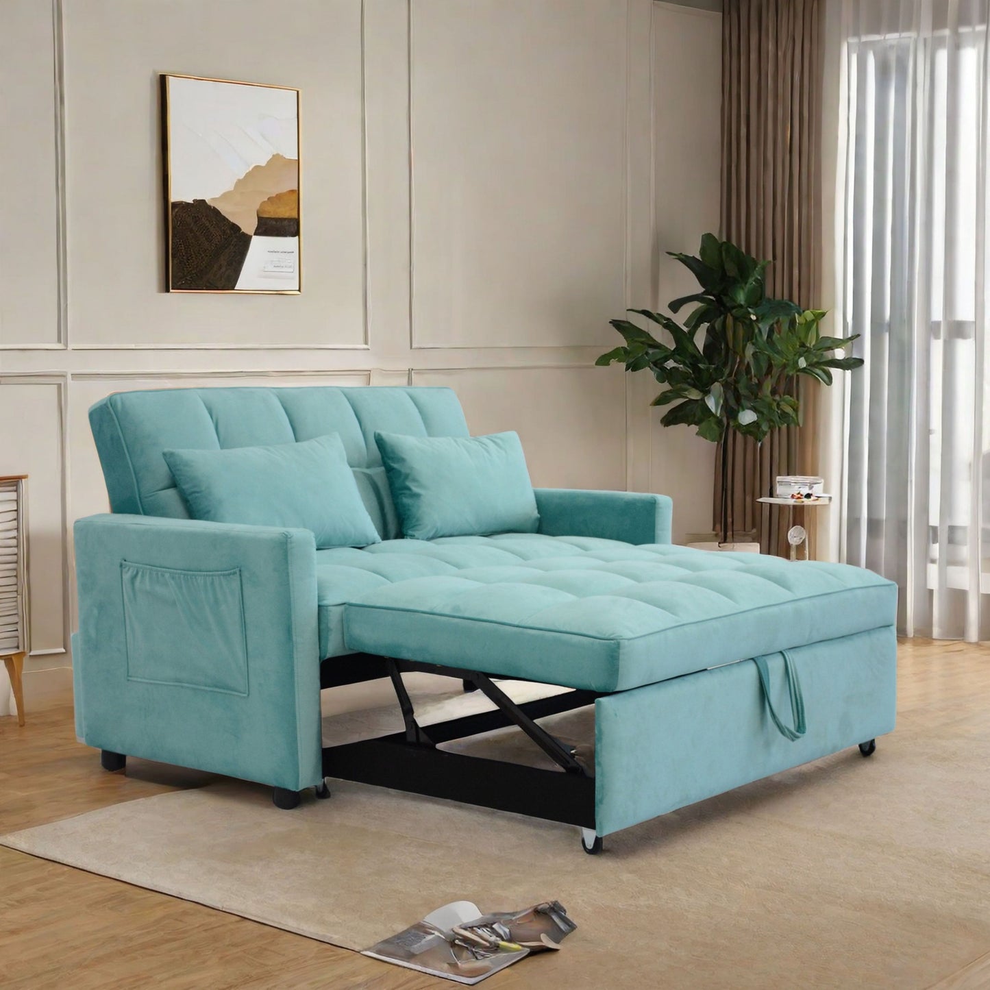 55.2" Velvet Two Seater Pull Out Sofa Bed, Adjustable Backrest With Three USB Ports, Two Side Pockets, 3 in 1 Convertible Sleeper Sofa Bed, Modern Love Seat Lounge Sofa for Living Room, Peacock blue