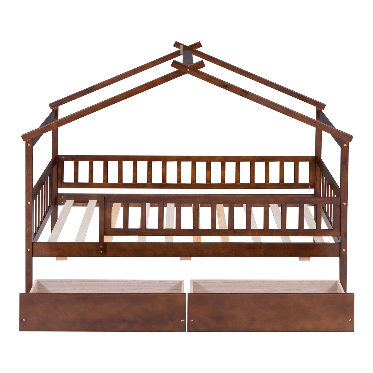 Twin Size Wooden House Bed with Two Drawers, Walnut