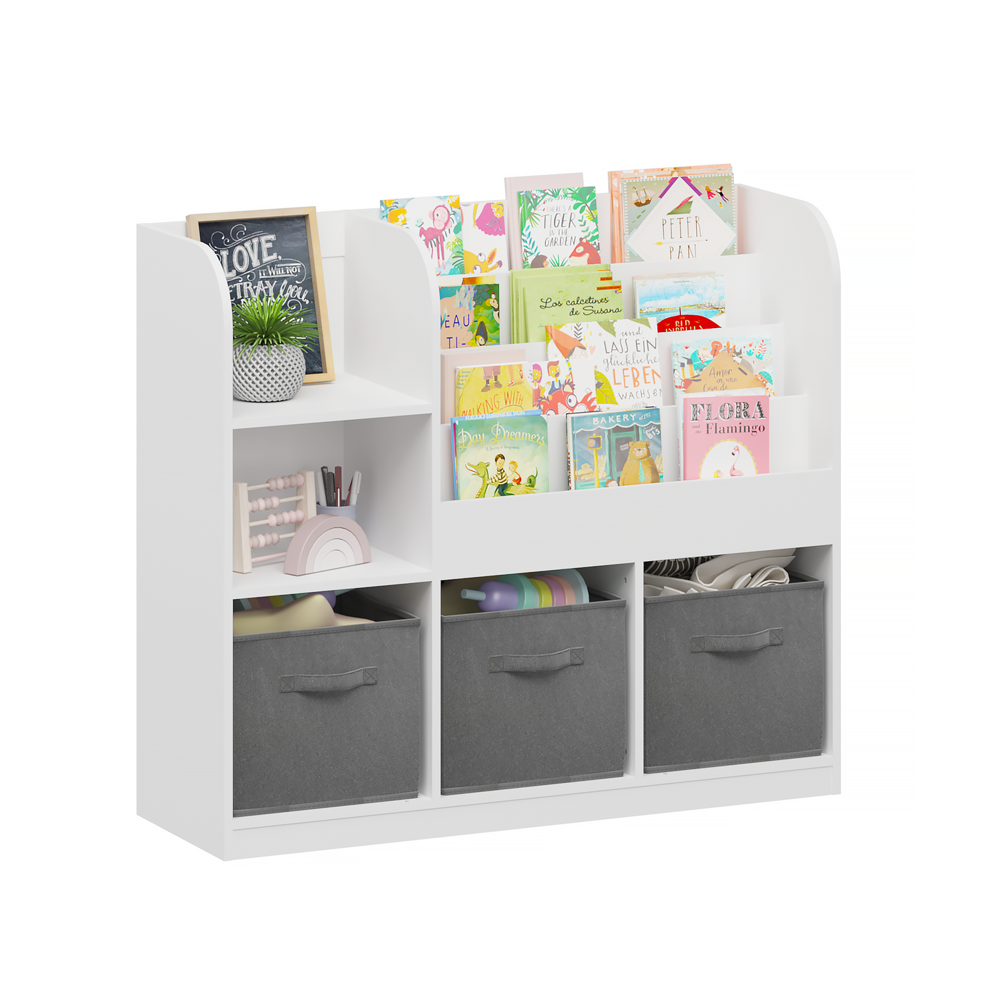 Kids Bookcase and Bookshelf, Multifunctional Bookcase with 3 Collapsible Fabric Drawers, Bookcase Display Stand, Toy Storage Organizer for Bedroom, Playroom, Hallway (White/Gray)