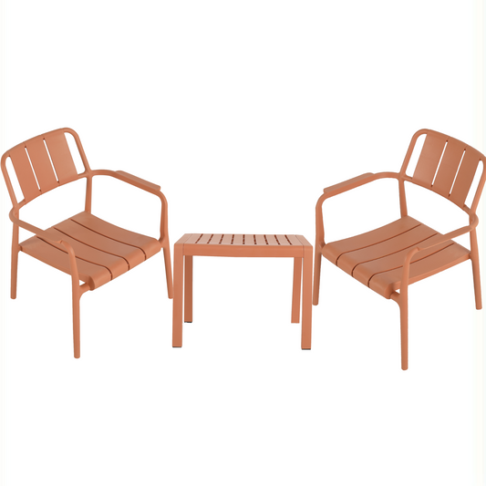 Three-piece indoor/outdoor leisure table and chair set (two chairs and one coffee table), UV-resistant, waterproof and durable, apricot brown, 25*20.47*27.56 (in)/19.69*19.69*14.96 (in), Polypropylene
