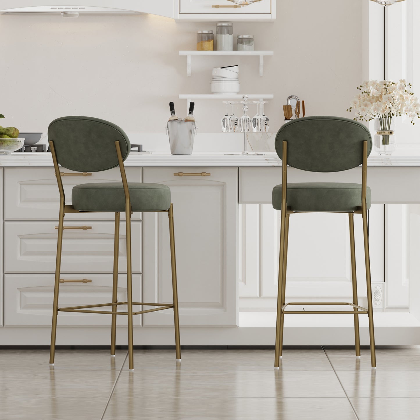 29'' H Seat Height Upholstered Bar Stools Set of 2 Faux Leather Counter Dining Stool with Golden Legs Modern Round Kitchen Chairs (Green)