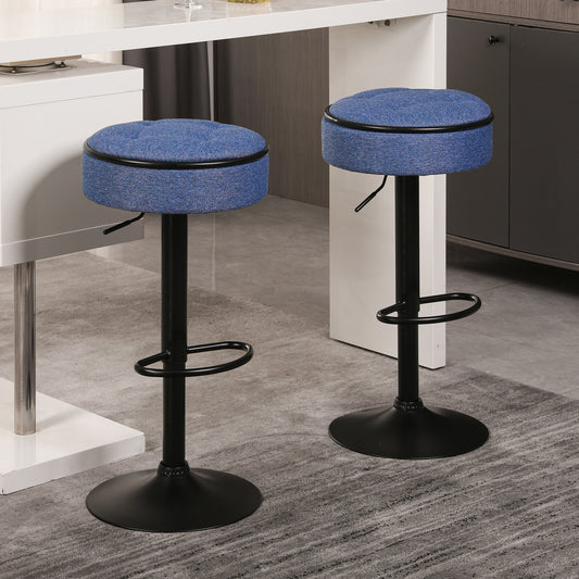 Round Storage Bar Stool Set of 2, Blue Linen Height Adjustable Barstool, 360°Counter Height Swivel Stool, Armless Bar Chair with Metal Frame for Kitchen Counter Dining Living Room