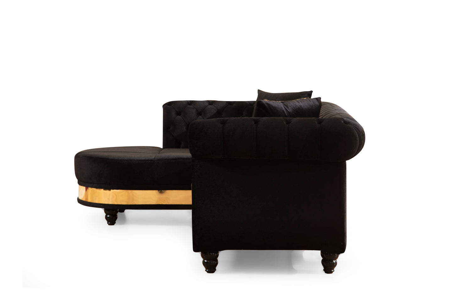 Gold Detailed Tufted Upholstery Sectional made with Wood In Black