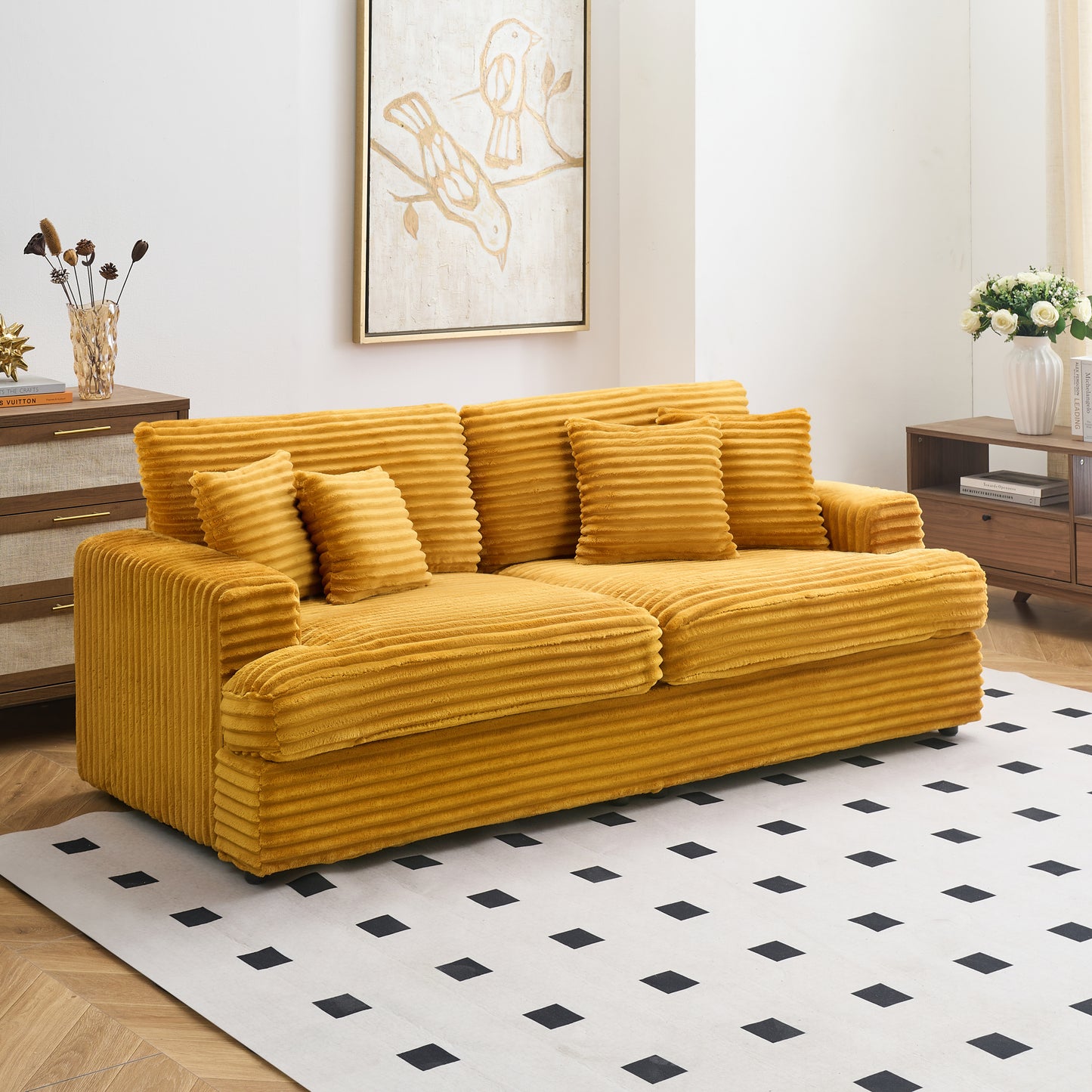 79.3 "long, corduroy sofa with 4 matching pillows, stylish design spacious and comfortable 3-seater sofa suitable for modern living room, orange color