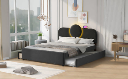 Queen Size Upholstered Platform Bed with Multi-functional Headboard, Trundle and 2 Drawers, Gray