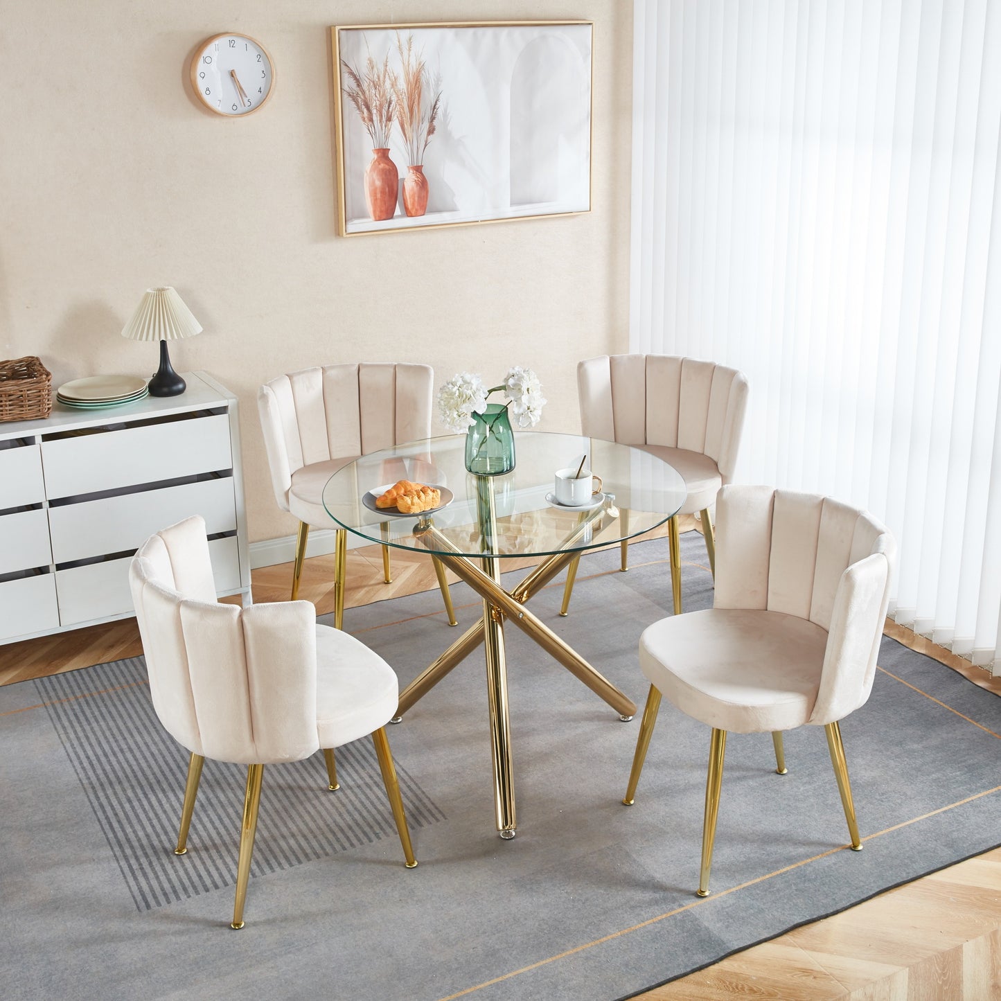 1+4,5pieces dining set, Table metal leg Mid-century Dining Table for 4-6 people With Glass Table Top, Pedestal Dining Table, End Table Leisure Coffee Table