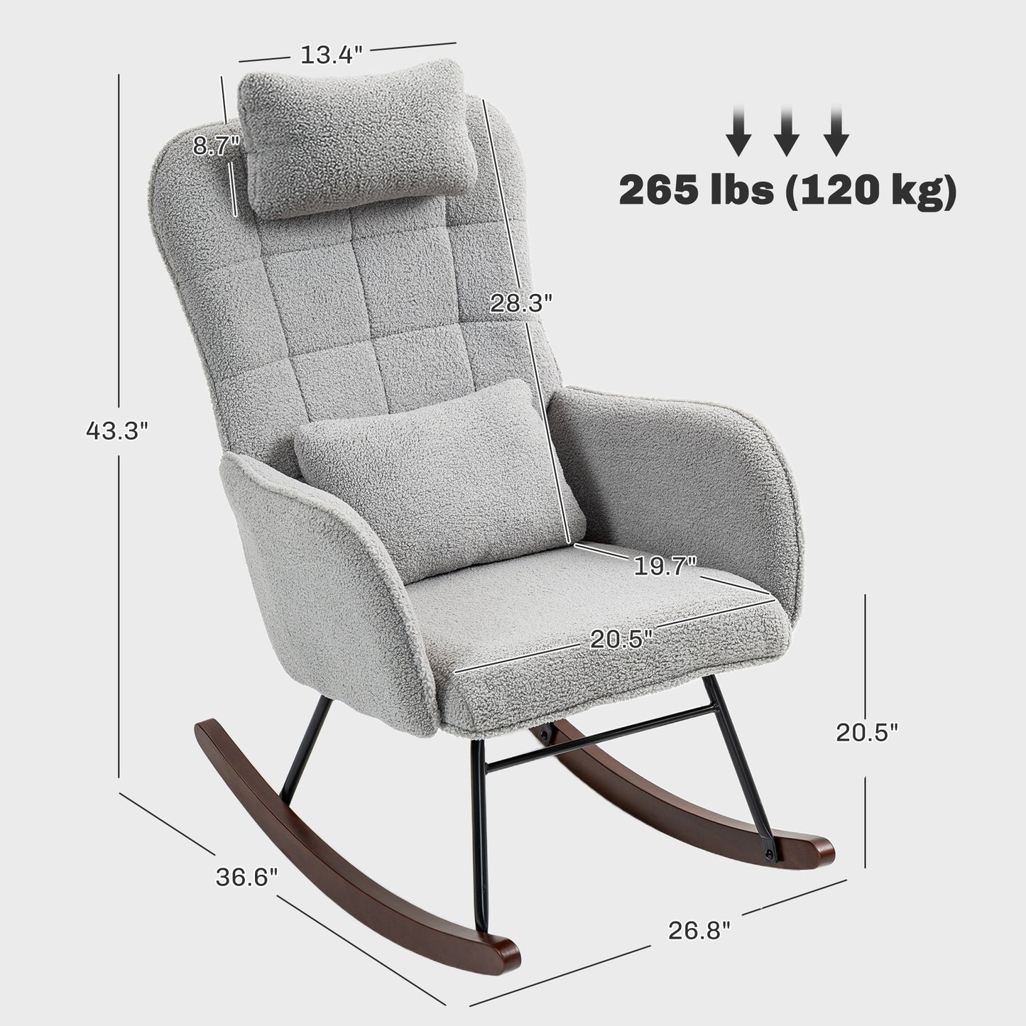 HOMCOM Upholstered Rocking Chair with Headrest and Lumber Pillow, Boucle Modern Rocker Chair with High Back, Steel Frame and Beech Wood Base for Living Room, Bedroom, Light Gray