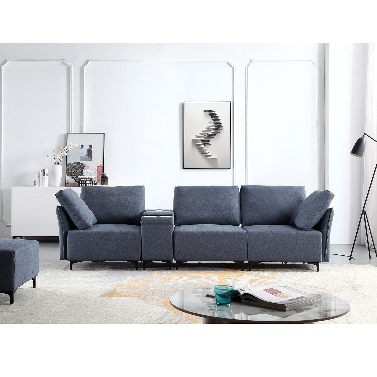 Modular Sectional Sofa,Multifunctional Couches for Living Room with Storage, mid console with speaker and storage,2 USB port and 1 type-C ,wireless charging ceramic top,aluminum cup holder.