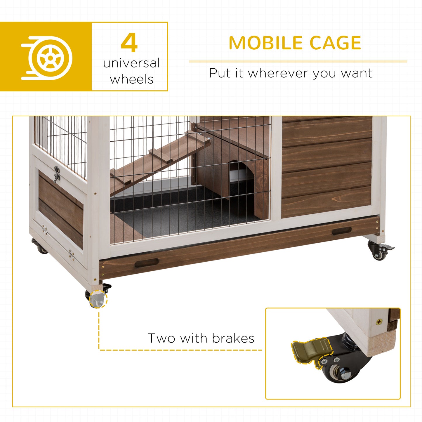 PawHut Wooden Rabbit Hutch Indoor Outdoor, Elevated Bunny Cage with No Leak Tray Enclosed Run with Wheels, Ideal for Guinea Pigs and Small Animals, Brown