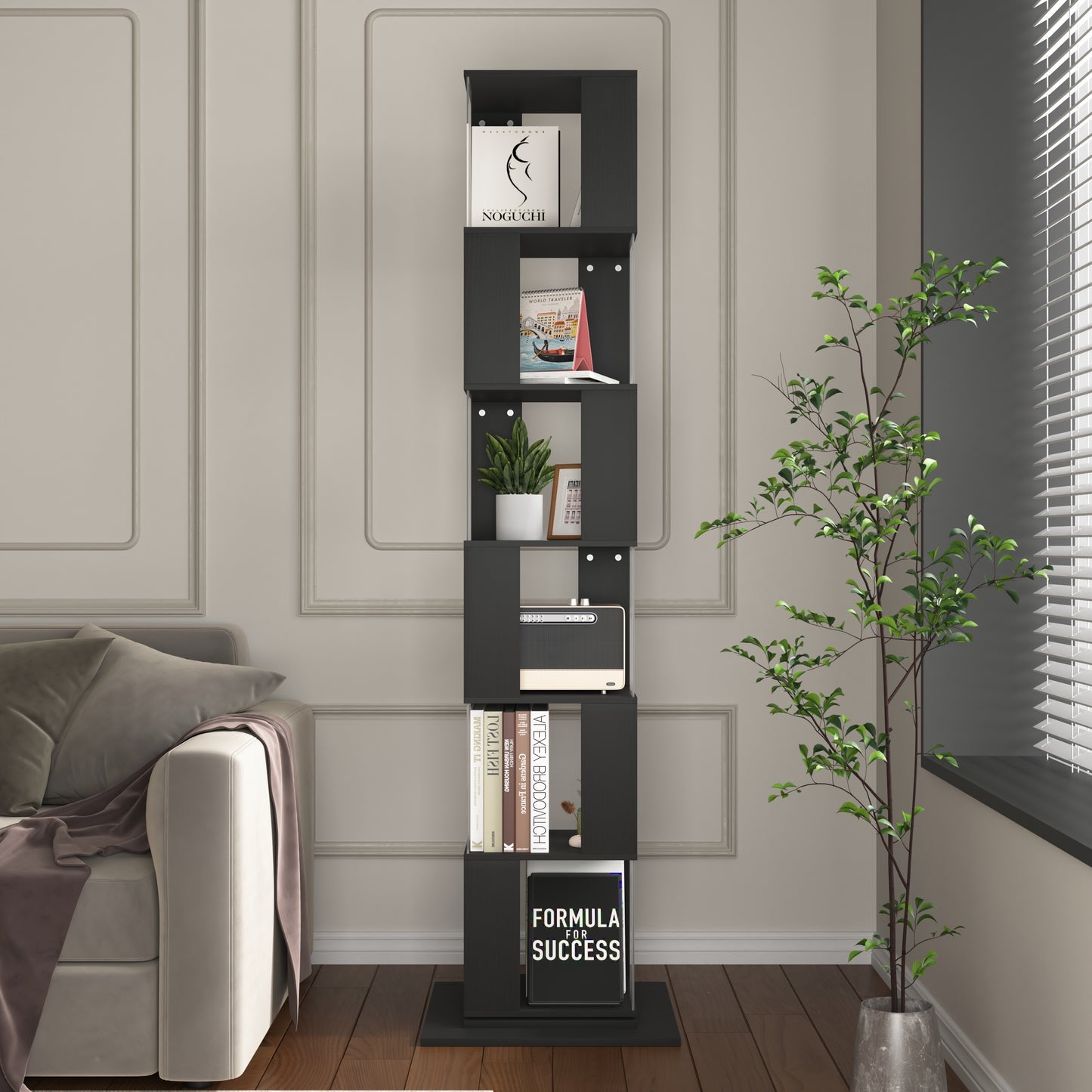 6 tier Rotating Bookshelf, Floor Rack Simple Bookcase  with Acrylic plate Student Multi-Function Creative Bookshelf for Living Room with anti-toppling base