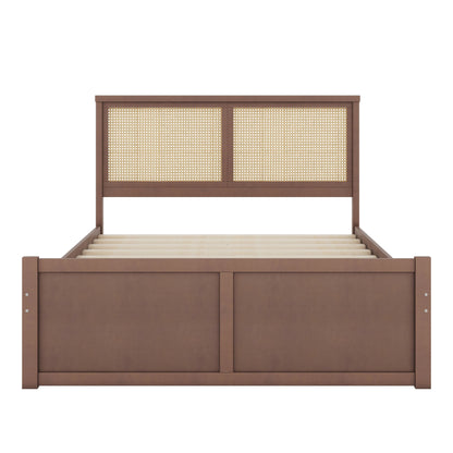 Queen Size Wood Storage Platform Bed with 4 Drawers, Rattan Headboard, Espresso