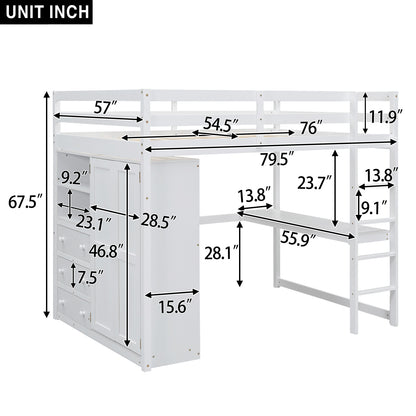 Wood Full Size Loft Bed with Built-in Wardrobe, Desk, Storage Shelves and Drawers, White