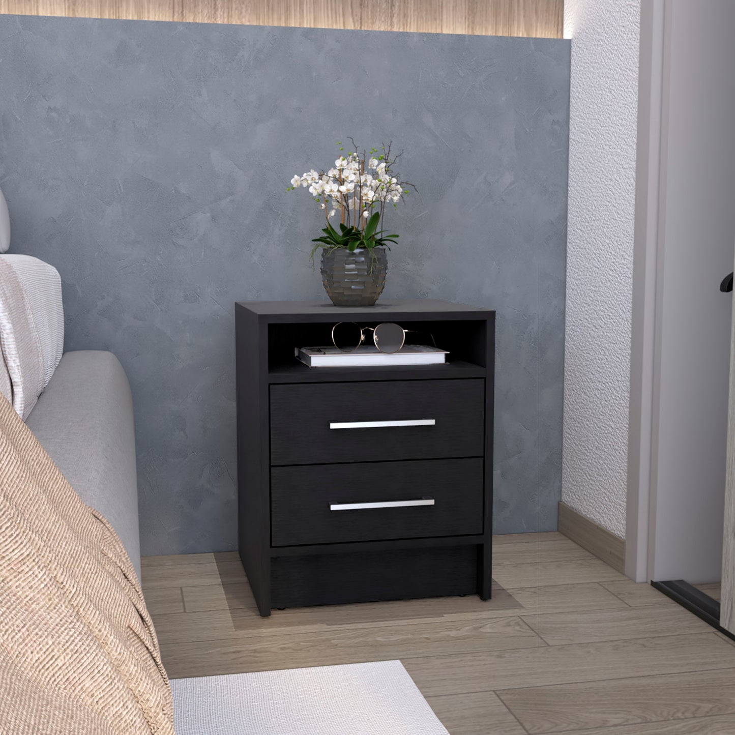 Nightstand 23.6" H, with 2 Drawers and 1 Shelf, Black