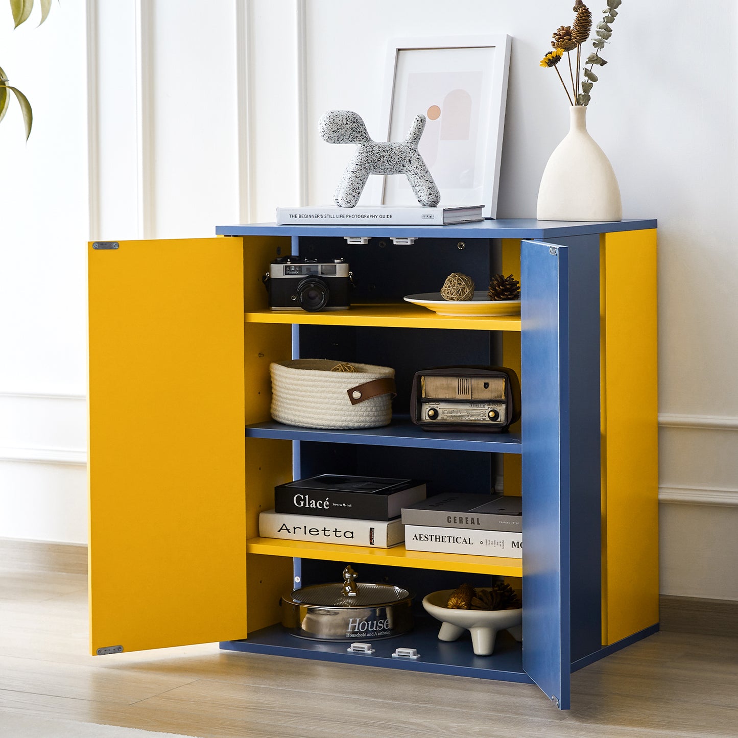 Storage Cabinet Modern Coffee Bar Cabinet Large Capacity Storage Cabinet with 3 Adjustable Shelves for Living Room, Yellow & Blue