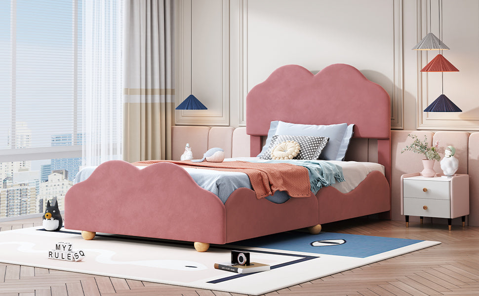 Twin Size Upholstered Platform Bed with Cloud Shaped bed board, Dark Pink