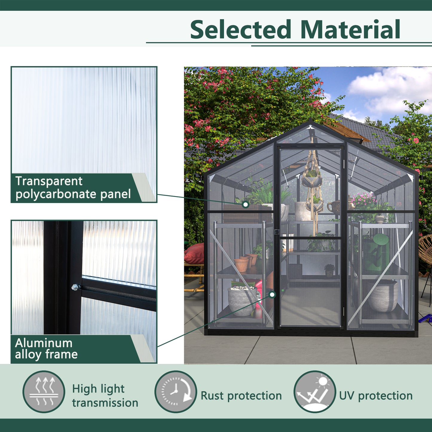 6x10 ft Outdoor Polycarbonate Greenhouse Kit with Aluminum Frame, Walk-in Garden Green House with  Lockable Door & Adjustable Roof Vent, Backyard, Patio