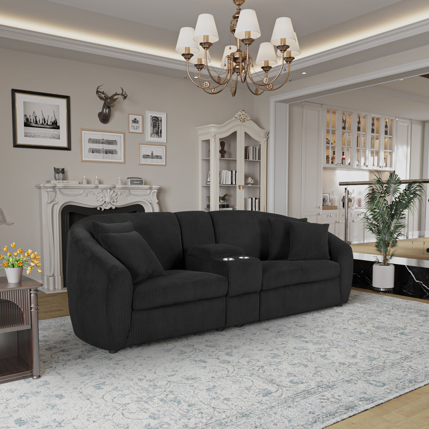 UNITED WE WIN corduroy fabric, two cup holders, storage, oversized two-seat, solid wood frame, high quality sponge filling, curved placement sofa