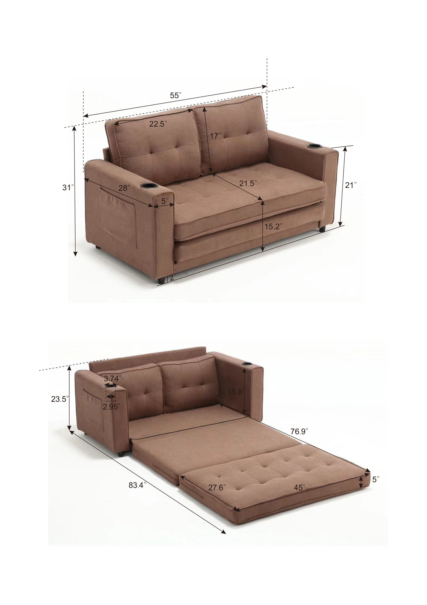 3-in-1 Upholstered Futon Sofa Convertible Floor Sofa bed,Foldable Tufted Loveseat with Pull Out Sleeper Couch Bed,Folding Mattres Love Seat Daybed W/Side Pockets for Living Room, Brown