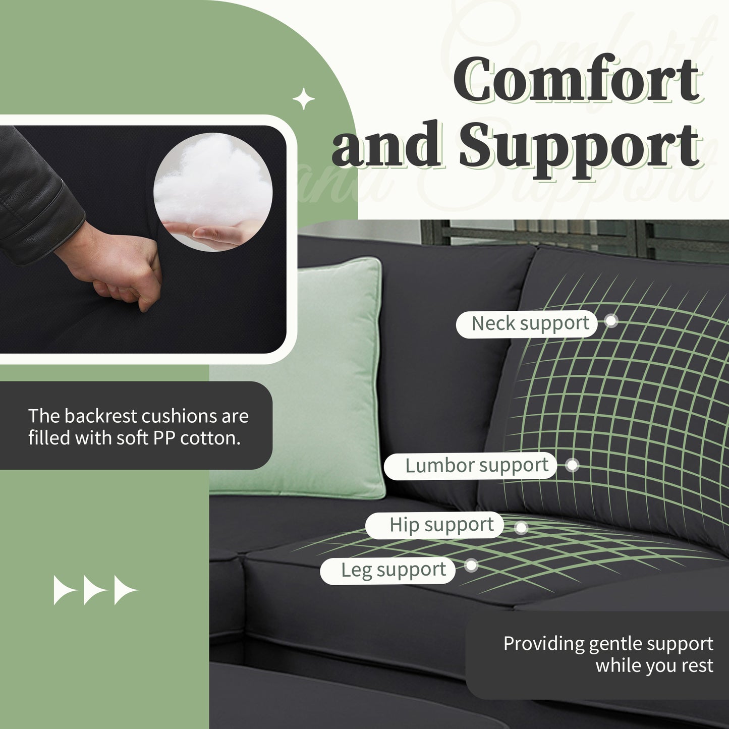 112x87" Sectional Sofa Couches Living Room Sets, 7 Seats Modular Sectional Sofa with Ottoman, L Shape Fabric Sofa Corner Couch Set with 3 Pillows, Black(New of GS008210AAB)