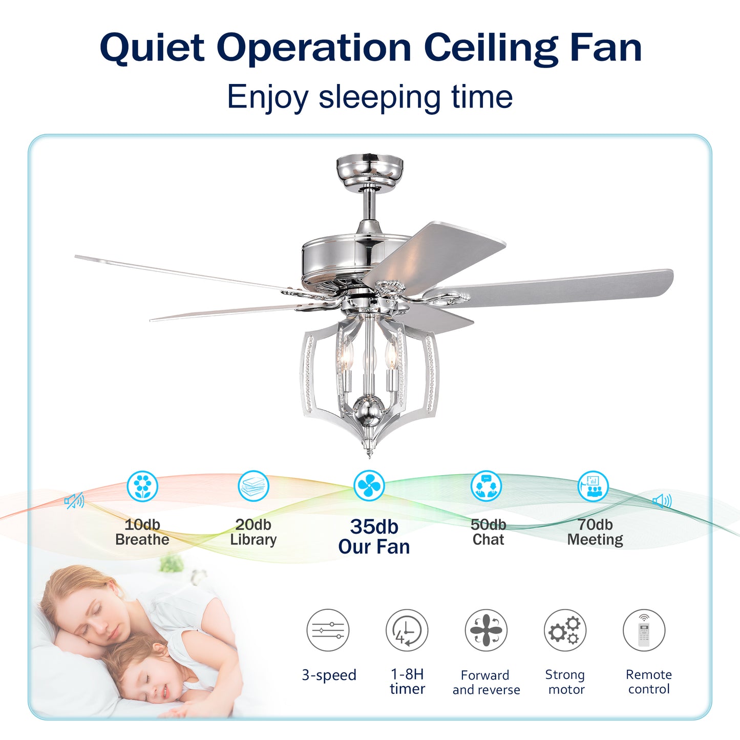 Ceiling Fans with Lights(no include bulb)  and Remote 52 Inch Bedroom Ceiling Fan with Light Crystal Chandelier Fans, Reversible Motor, Timer, Polished Chrome