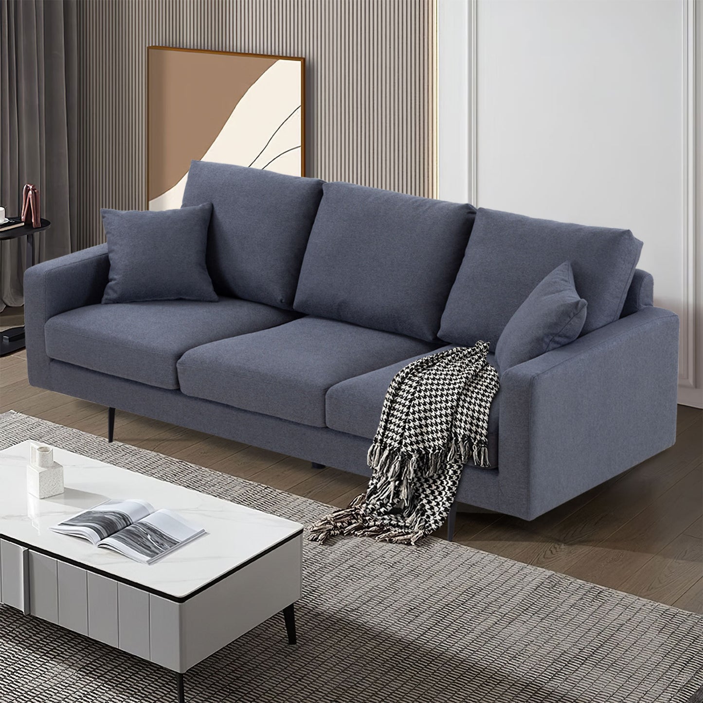 Modern Grey Three-Seat Sofa with Thick Sponge and Two Pillows, 87.40inch