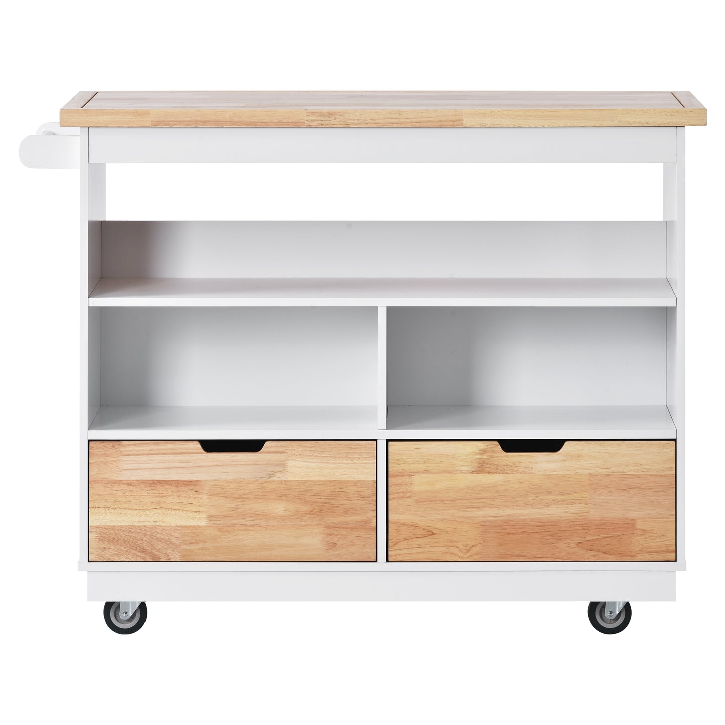 Rolling Kitchen Island with Storage, Two-sided Kitchen island Cart on Wheels with RubberWood Top,Wine and Spice Rack, Large Kitchen Cart with 2 Drawers, 3 Open Compartments, White