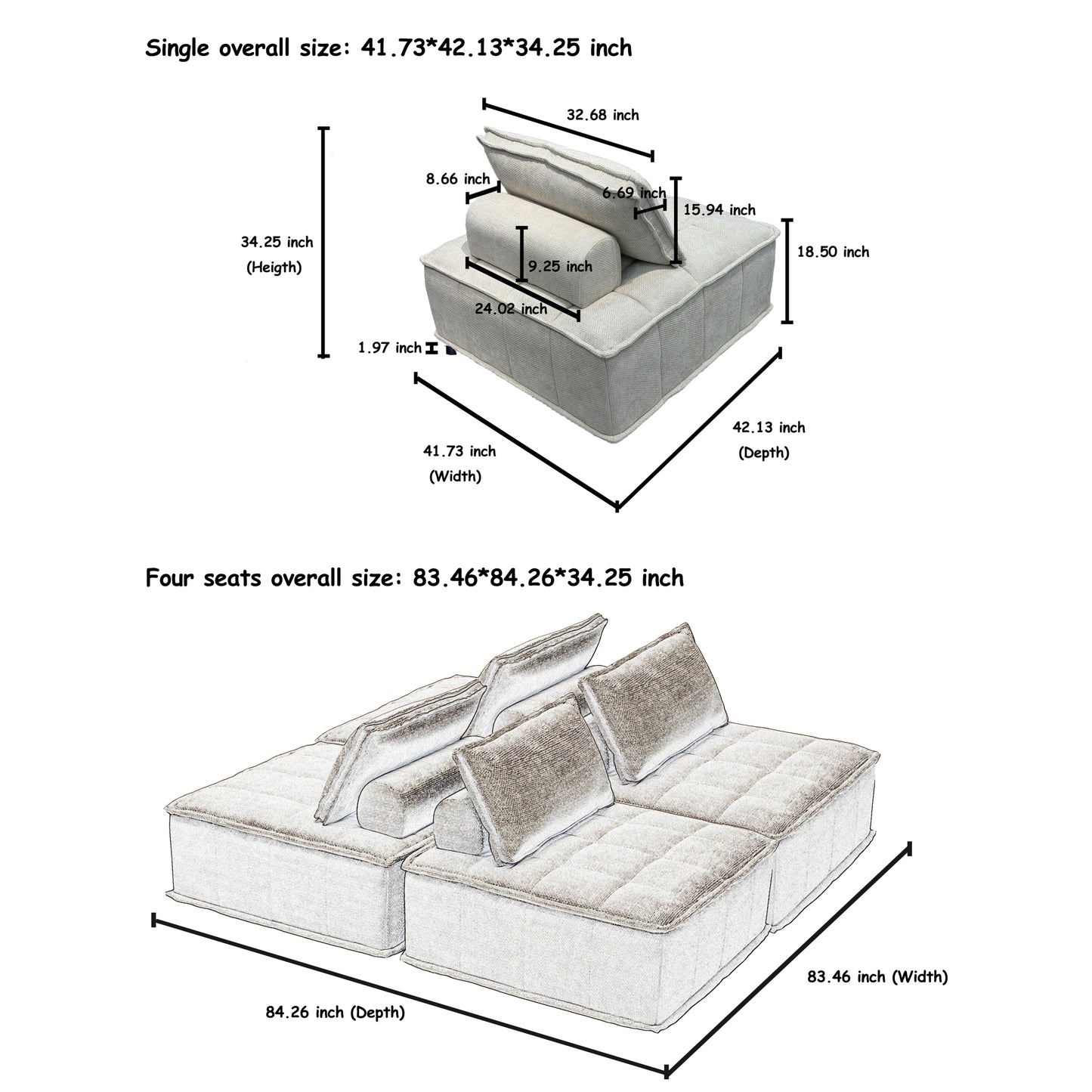 Oversized 4-Module Square Sofa - Comfortable and Movable Modular Design for Ultimate Flexibility  beige color chenille sofa 4pieces