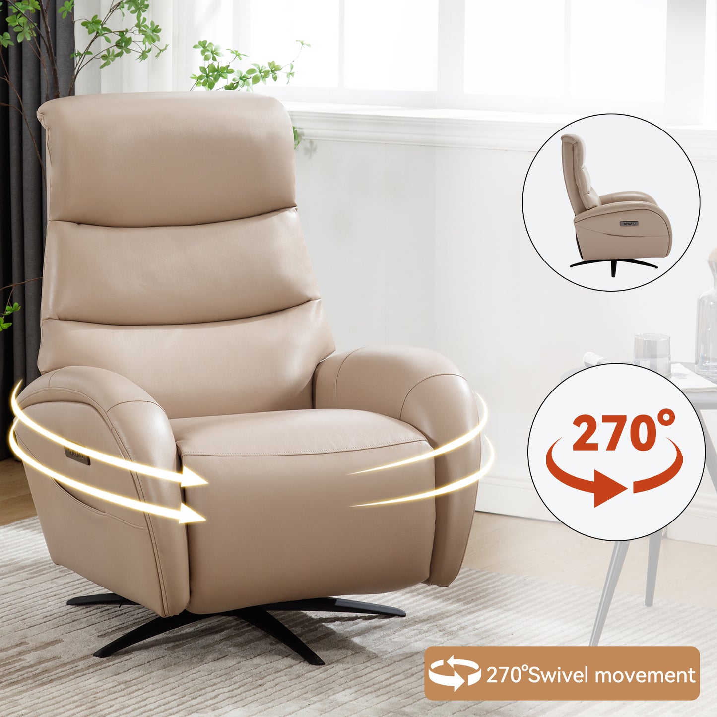 Khaki Leatheraire Dual Motor 270° Swivel Power Recliner Chair With Heavy Duty Motion Mechanism, USB and Type-C Charging Ports