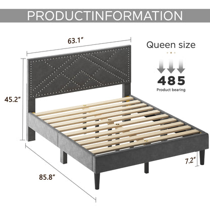 Queen Size Bed Frame with Storage Headboard, Metal Platform Bed No Noise, Mattress Foundation Strong Metal Slats Support No Box Spring Needed