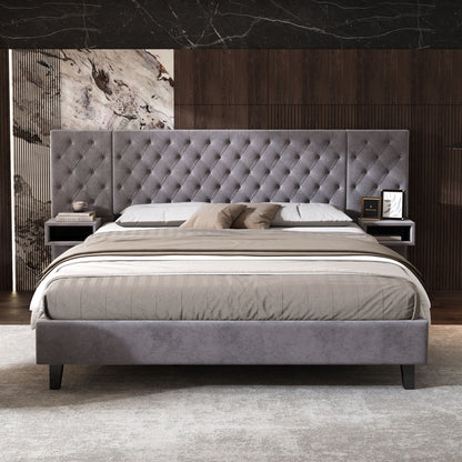 King Size Platform Bed with Headboard, Modern Velvet Upholstered Platform Bed with 2 Nightstands, with diamond tufted, Grey