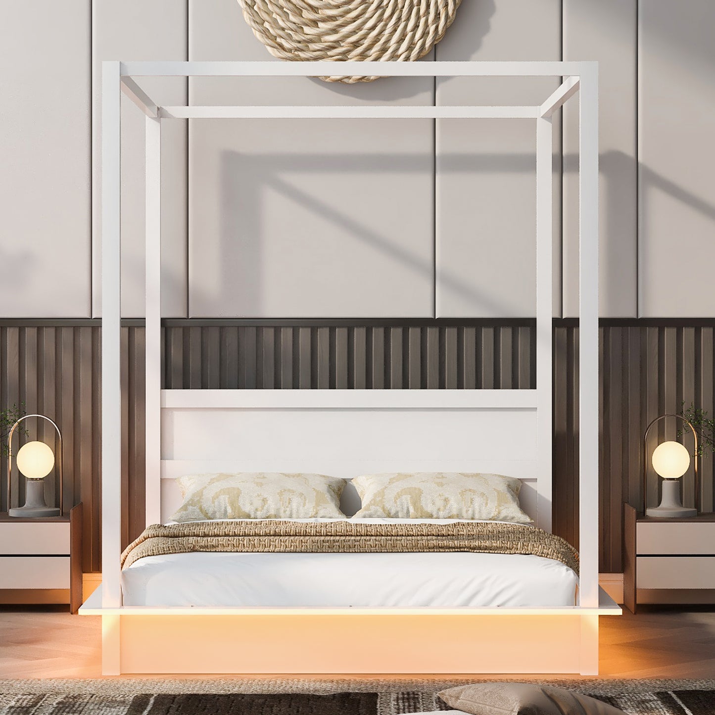 Queen Size Wood LED Canopy Bed ,Canopy Platform bed With Support Slats, No Box Spring Needed, White