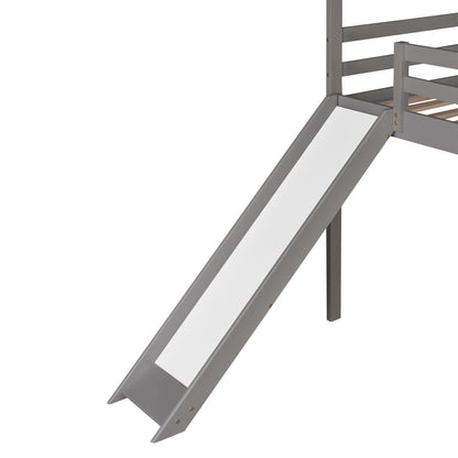 Twin Loft Bed with Slide, House Bed with Slide,Gray(OLD SKU :WF286245AAE)