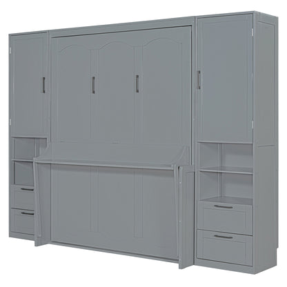 Queen Size Murphy Bed Wall Bed with Closet ,Drawers and Shelves,Gray