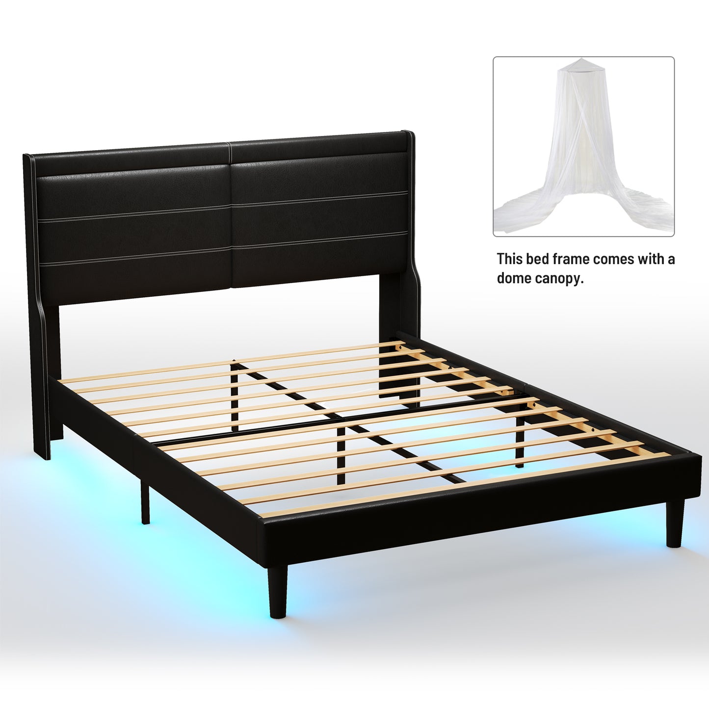 Queen PU Leather Upholstered Bed Frame with Lights,Platform Bed Frame with Stitched Wing-Backed Headboard Strong Wooden Slats Bed Canopy,No Box Spring Needed,Black