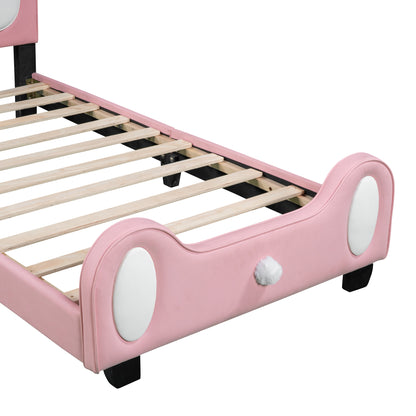 Twin size Upholstered Rabbit-Shape Princess Bed ,Twin Size Platform Bed with Headboard and Footboard,White+Pink