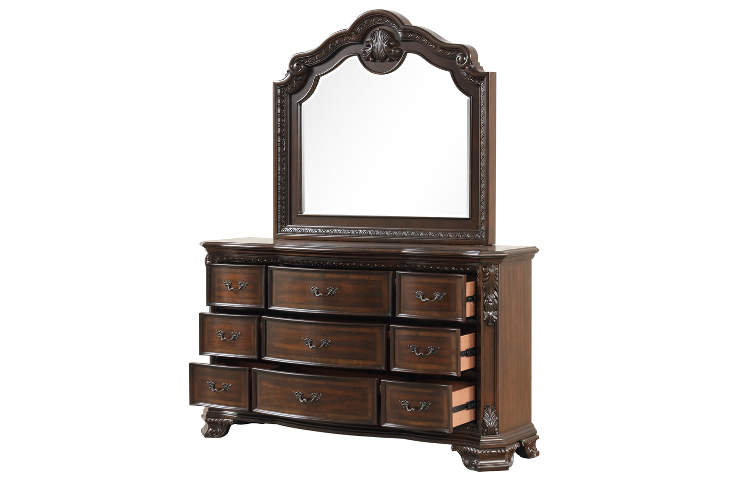 Traditional Style 5 Pc Queen Bedroom Set With Intricate Wood Carvings Made with Wood in Walnut