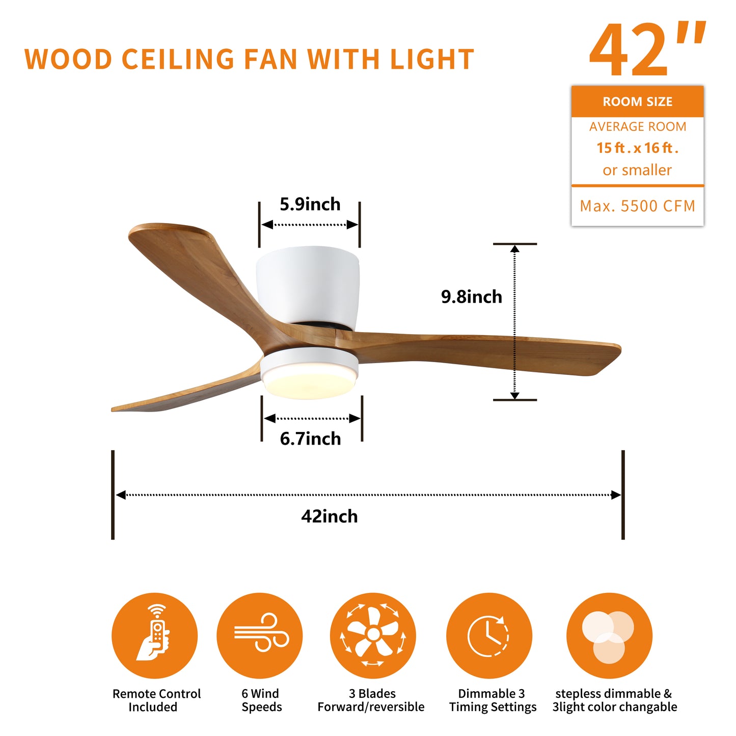 42 inch  Wood Ceiling Fans with Lights and Remote, Modern Flush Mount Low Profile Ceiling Fan with Light, 6 Speed, Reversible DC Motor, for Bedroom/Outdoor/Farmhouse/Patios