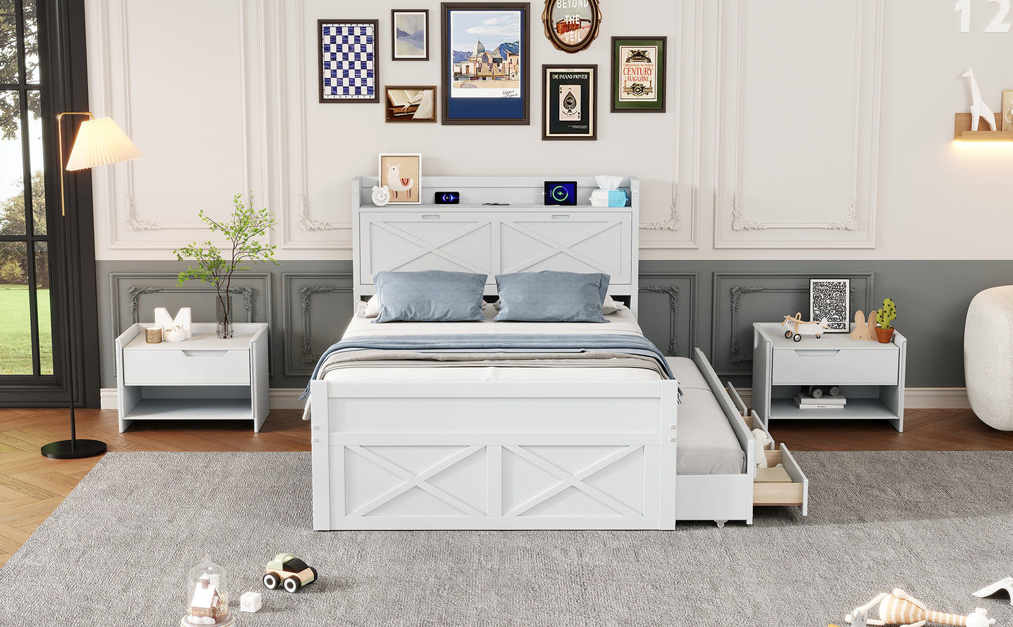 Full Size Wooden Bed with Storage Headboard with Outlets, Extendable Bed with Twin Size Trundle with Three Storage Drawers,White
