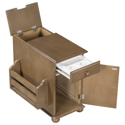 U-Can Vintage End Table Flip Top Side Table with USB Ports, One Multifunctional Drawer with cup holders, Sofa Couch Table with Bookshelf for Living room and Small Space