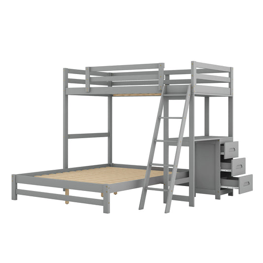 Grey Twin over Full Bunk Bed with Built-in Desk and Three Drawers, Solid Pine Wood and MDF, 77''L x 77.5''W x 64''H