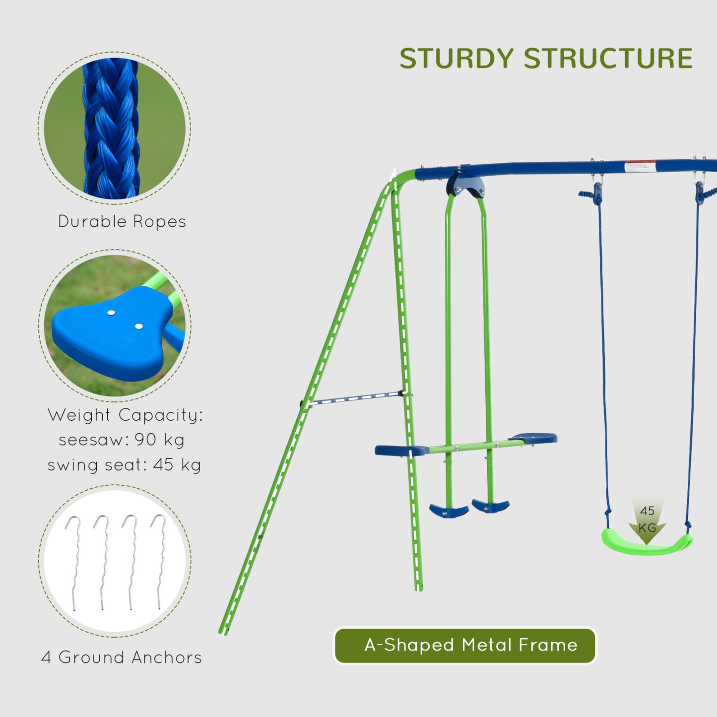 Outsunny Metal Swing Set with Glider, Two Swing Seats and Adjustable Height, Outdoor Heavy Duty A-Frame Suitable for Playground, Backyard, Green